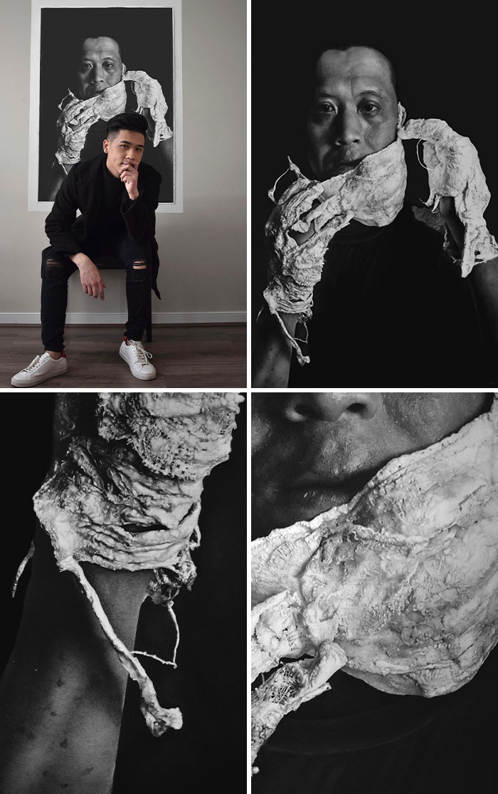 Man wearing torn, textured gloves in a series of surreal, unreal photographs showcasing strange reality art.