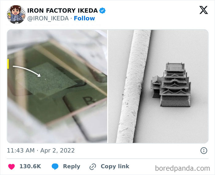 Microscopic photo of a tiny model castle next to a human hair, showcasing some of the most unreal photographs.