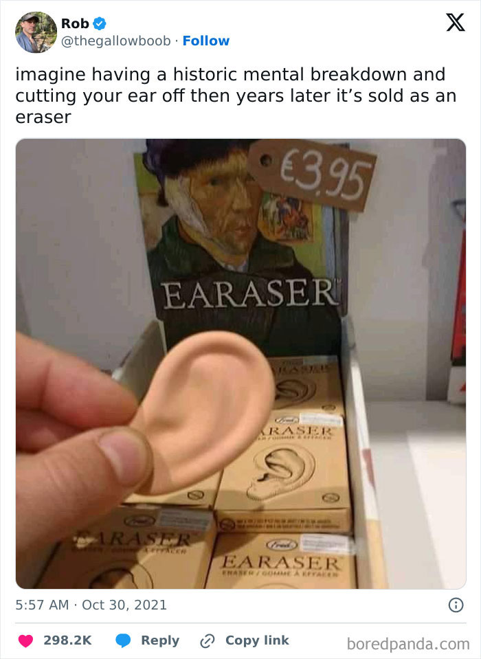 Hand holding an ear-shaped eraser in front of packaging with ear illustration, an unreal photograph showcasing strange objects.