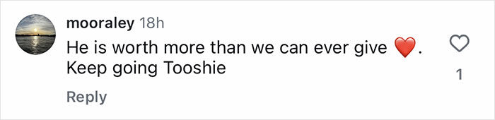 Instagram comment expressing support and love with a red heart emoji for a puppy's recovery after surgery.