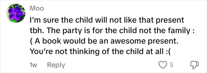 Comment expressing concern about mom&rsquo;s insulting birthday gift and its impact on the child&rsquo;s feelings and celebration.