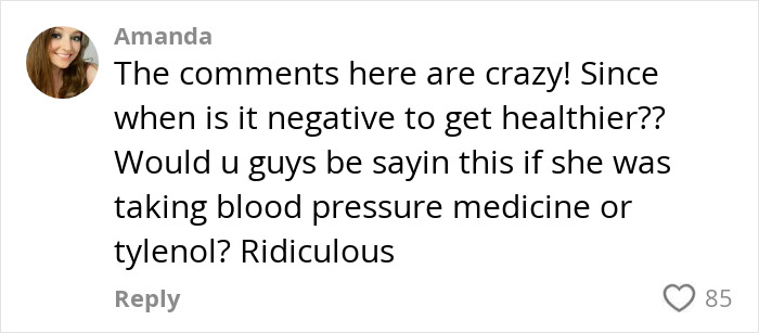 Comment from Amanda defending a mom, calling criticism of her weight-loss medication use ridiculous and unfair.