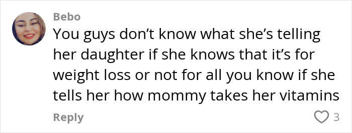 Comment discussing a toddler pretending to inject weight-loss medication, highlighting a mom's controversial reaction online.
