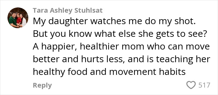 Comment from mom explaining her toddler watches her weight-loss medication injection, promoting healthy habits and movement.