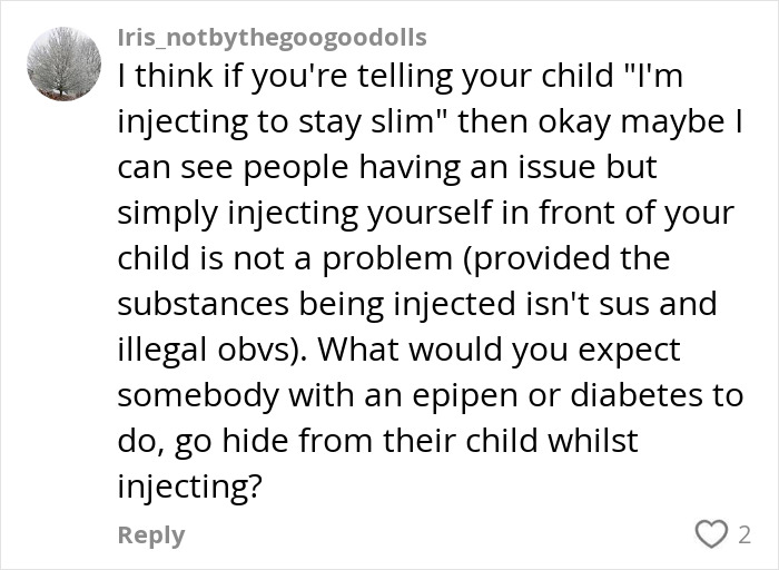 Screenshot of social media comment discussing concerns about toddler pretending to inject weight-loss medication seen by mom.