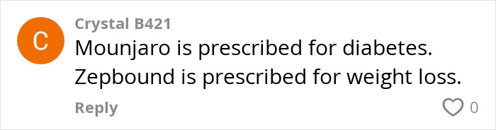 Comment highlighted on video about weight loss meds, discussing Mounjaro and Zepbound prescriptions for diabetes and weight loss.