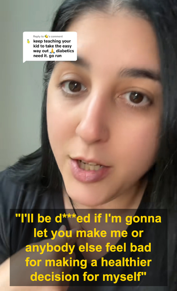 Woman responding to criticism about weight-loss medication after toddler pretends to inject it on camera in a viral video.