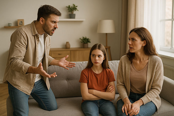 Man angrily talking to wife and daughter sitting on couch, daughter looks upset during family disagreement at home.