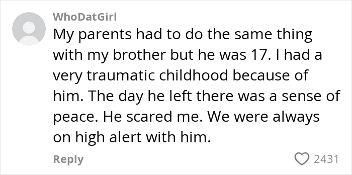 Alt text: Online comment about parents making the painful choice to remove a mentally ill family member from the home.