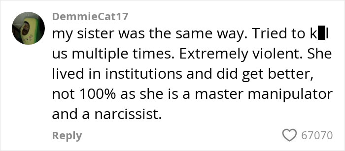 Screenshot of a comment discussing experiences with a mentally ill family member who lived in institutions for treatment.