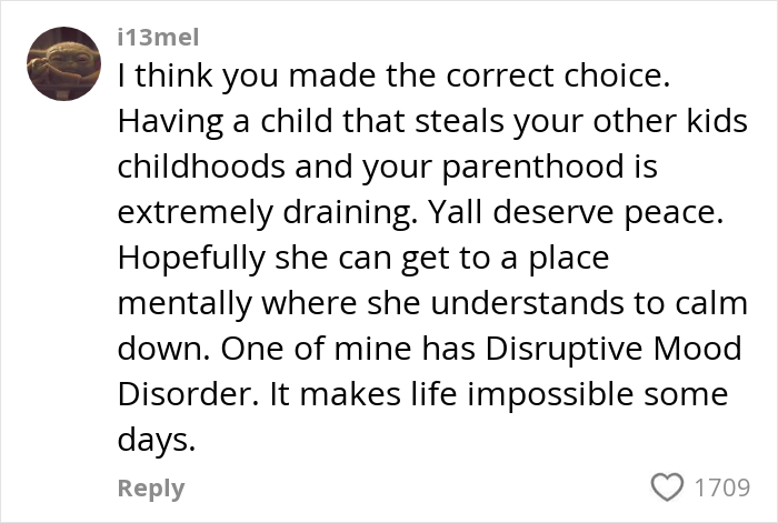 Alt text: Online comment discussing the painful choice of removing a mentally ill daughter from the home for family peace.