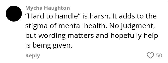 Comment discussing mental health stigma and the difficult choice a mom made regarding her mentally ill daughter.