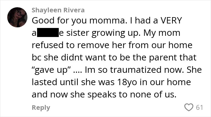 Comment from Shayleen Rivera sharing a personal story related to removing a mentally ill daughter from the home.