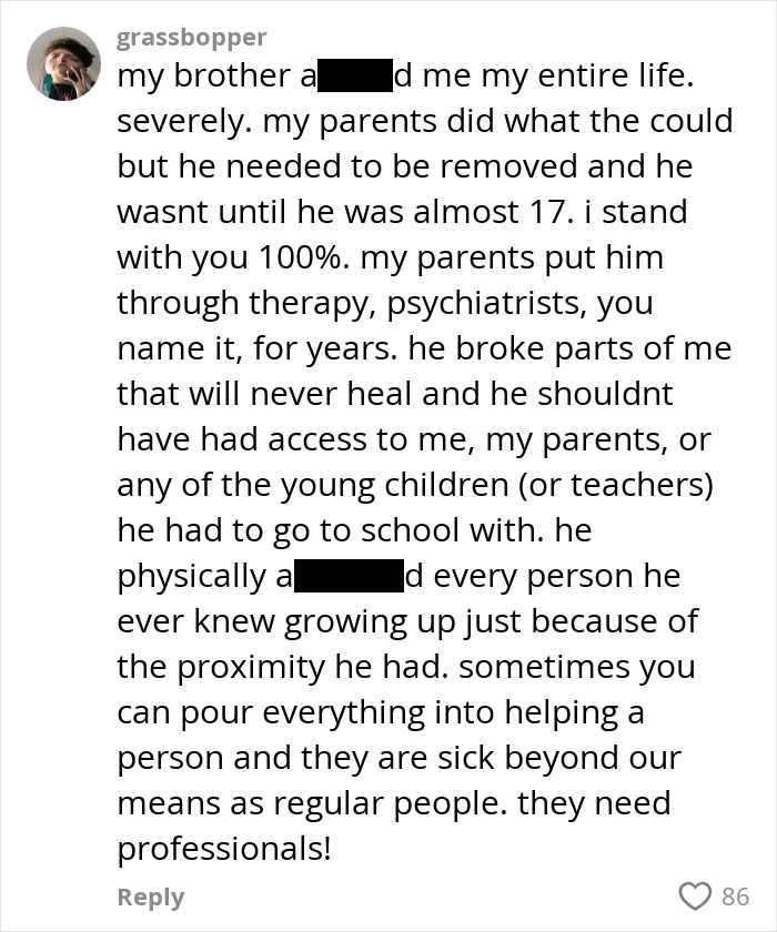 Comment discussing the painful choice to remove a mentally ill family member from the home for professional help.