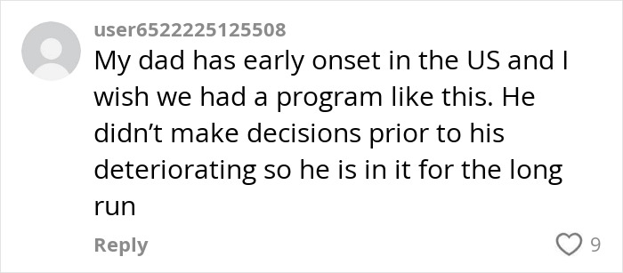 Comment discussing early-onset Alzheimer's and the need for supportive programs in the US from a family perspective.