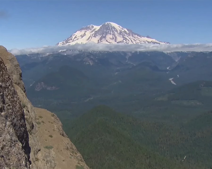 Mountain cliff edge overlooking forest with snow-capped peak in distance, evoking terrifying hallucinating 14YO son incident.