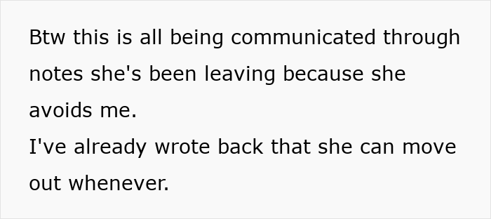 Text conversation screenshot showing messages about communication through notes and permission to move out in a tenant dispute.