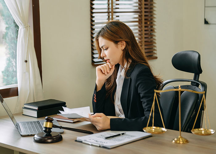 Woman in a legal office reviewing documents with a gavel and scales, related to man inheriting house and tenant issues.
