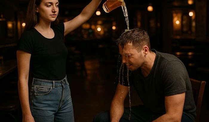 Female bartender pouring drink over man's head in a dimly lit bar, showing bartender stories beyond just pouring drinks.