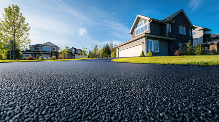 Suburban neighborhood with freshly paved street and modern houses under clear blue sky on a sunny day. Suburban neighborhood with freshly paved street and modern houses under clear blue sky on a sunny day.