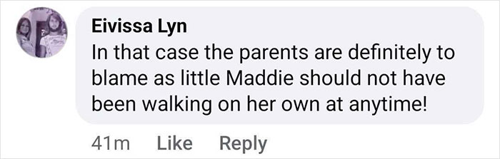 Comment by Eivissa Lyn blaming parents for Madeleine McCann walking alone, related to disturbing new disappearance theory.