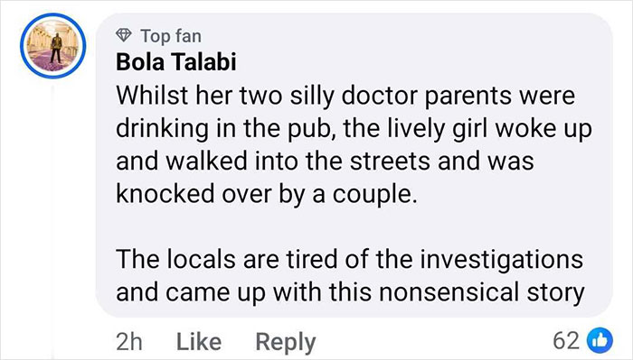 Comment discussing a theory about Madeleine McCann's disappearance involving being run over by a drunk driver.