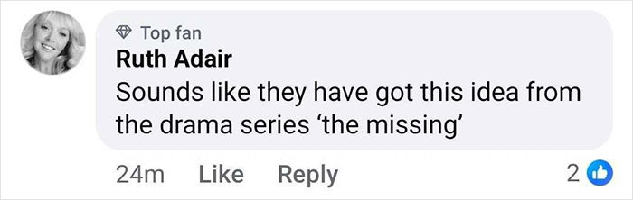 Facebook comment by Ruth Adair mentioning a theory about Madeleine McCann&rsquo;s disappearance compared to drama series The Missing.