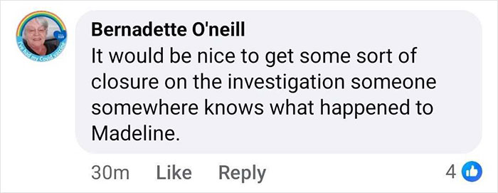 Facebook comment by Bernadette O'Neill expressing hope for closure in the Madeleine McCann disappearance investigation.