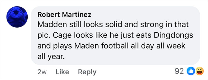 Comment about Nicolas Cage in a fat suit on set of a biopic about legendary football coach John Madden. Comment about Nicolas Cage in a fat suit on set of a biopic about legendary football coach John Madden.