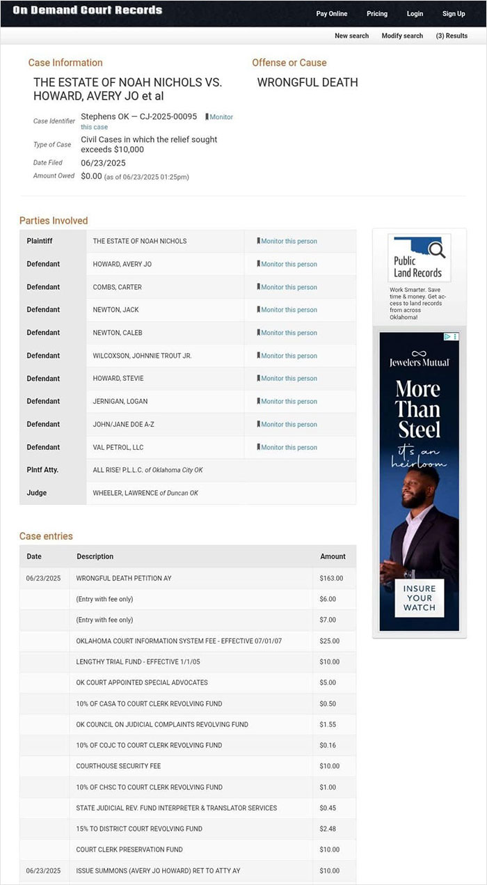 Court record showing wrongful death lawsuit filed by family of teen found with teeth around his undressed corpse and named suspects. Court record showing wrongful death lawsuit filed by family of teen found with teeth around his undressed corpse and named suspects.