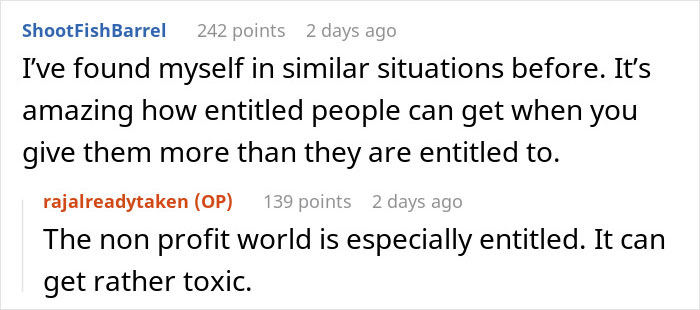 Screenshot of an online discussion about a non-profit accusing an employee of fudging hours and related entitlement issues.