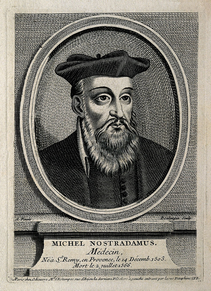 Engraved portrait of Nostradamus in historical attire, symbolizing cosmic chaos and predictions for 2025 insights.