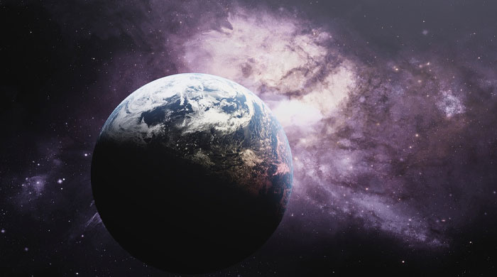 Earth orbiting in space with cosmic chaos and swirling galaxies, illustrating Nostradamus predictions for 2025 themes.