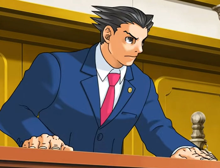 Animated character in a courtroom wearing a blue suit and red tie, representing absurd legal claims and lawyer debates.