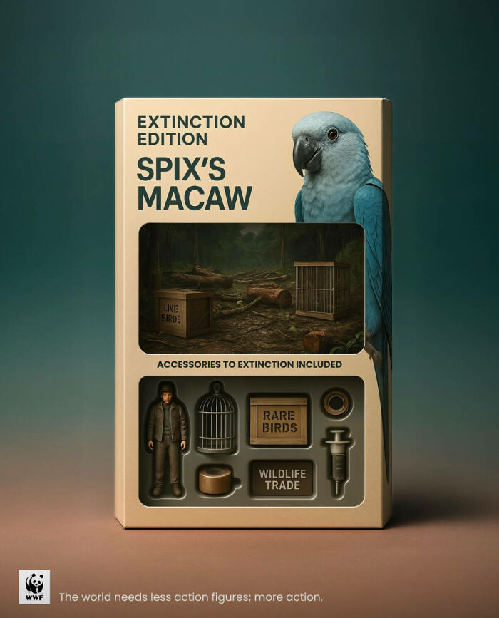 Powerful WWF ad showing Spix’s Macaw extinction edition toy with wildlife trade and rare birds accessories.