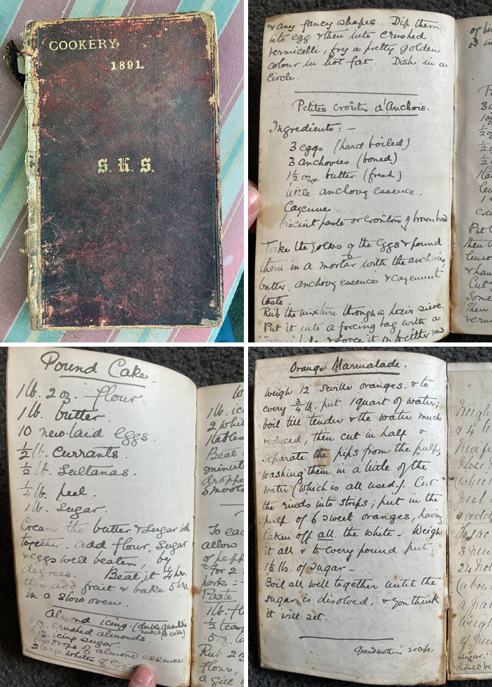 Old handwritten 1891 cookery book found buried in an old house, revealing vintage recipes and forgotten cooking tips.