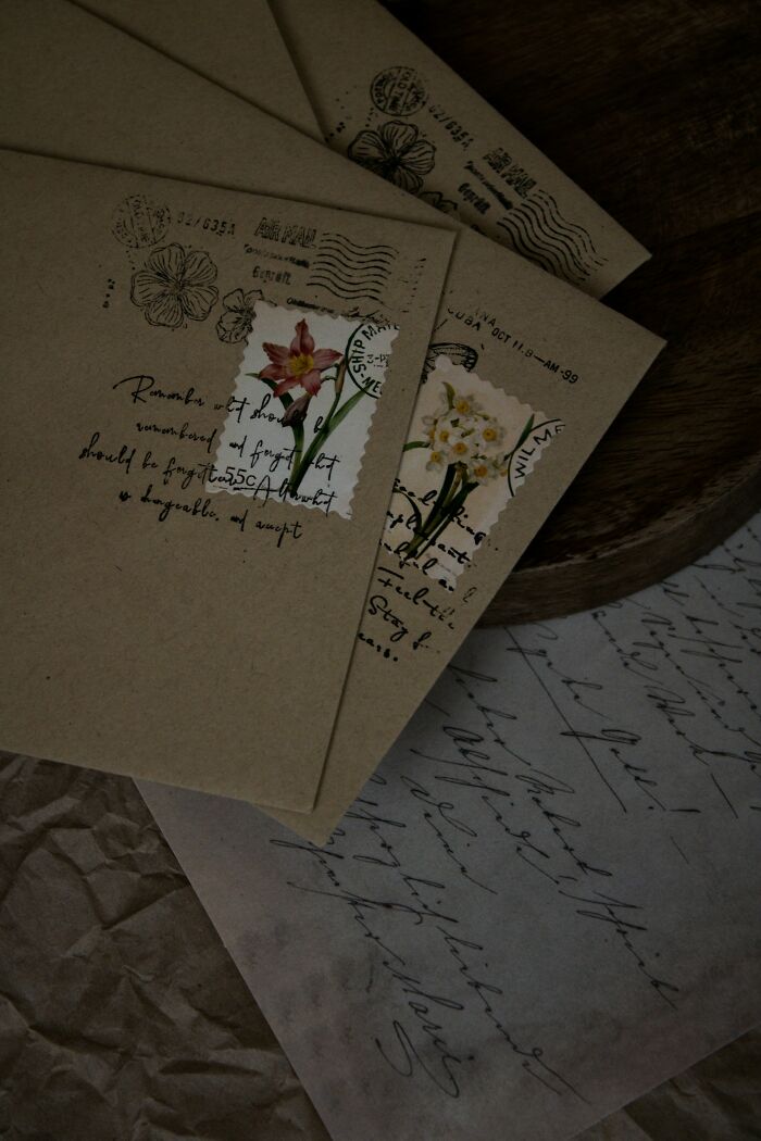 Vintage handwritten letters with floral stamps representing childhood joys not captured by smartphones.
