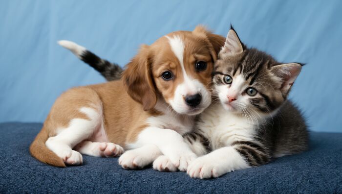 A puppy and kitten cuddling together on a blue surface, showcasing one Mississippi counting countries concept.