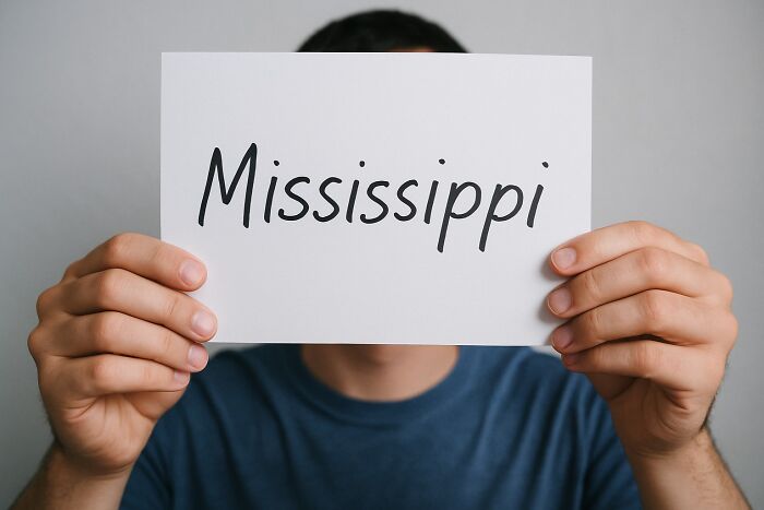 Person holding a card with Mississippi written on it, relating to one Mississippi counting countries concept.