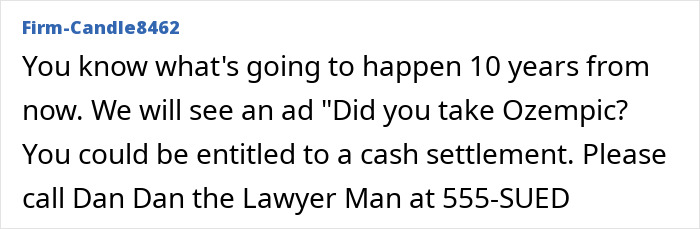 Text post warning about Ozempic risks with a mention of potential cash settlements and a lawyer contact number.