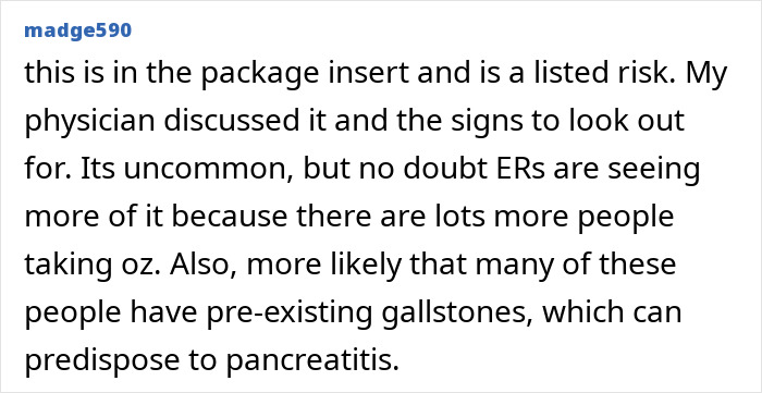User comment discussing risks of Ozempic and mentions pre-existing gallstones related to organ damage concerns.