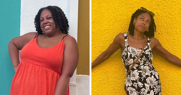 Before and after major weight loss photos of a woman showing transformation using blood sweat tears and Ozempic.