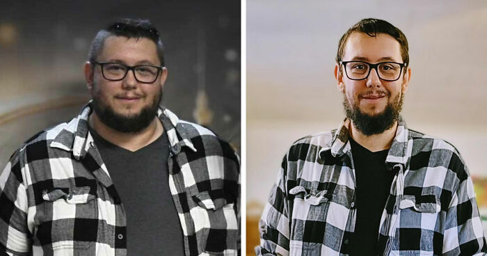 Before and after major weight loss transformation of a man wearing glasses and a black-and-white checkered shirt.