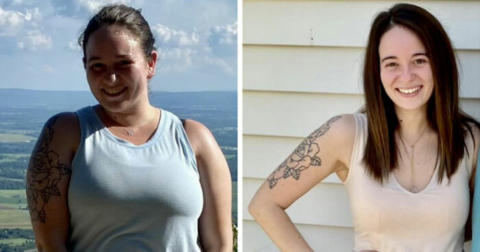 Before and after major weight loss transformation of a smiling woman showcasing results from blood sweat tears and Ozempic use.