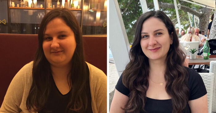 Before and after major weight loss transformation of a woman who used blood, sweat, tears, and Ozempic.
