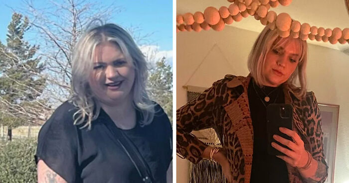 Before and after photos of major weight loss using blood, sweat, tears, and Ozempic showing dramatic transformation.