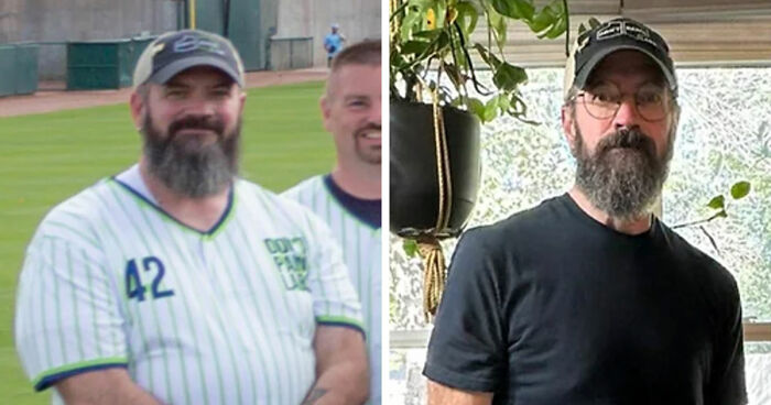Before and after major weight loss transformation of a bearded man showing results of blood sweat tears and Ozempic.