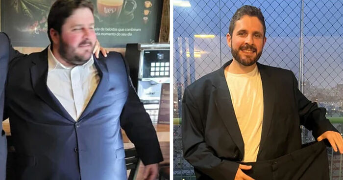 Before and after weight loss transformation of man showing major change using blood sweat tears and Ozempic.