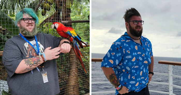 Before and after photos showing major weight loss transformation of a man who used blood sweat tears and Ozempic.