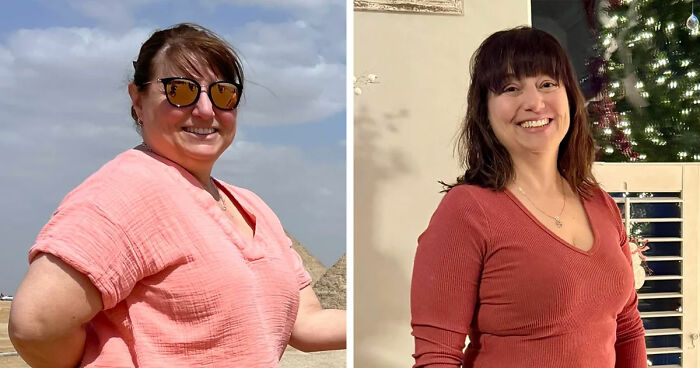 Before and after major weight loss photos of a woman using blood, sweat, tears, and Ozempic for transformation.